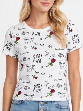'GIRL PWR' Graphic Tee with Red Rose Accents